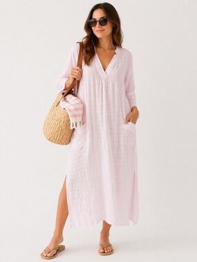 Tuckernuck Pomander Place Pink Caftan Dress L Cotton Pockets